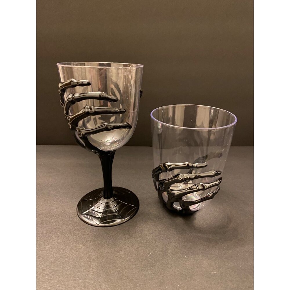 Set of 2 Metallic Silver look 3D Skeleton Hand Goblet & Cup w/ Spider Web Base